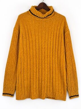 Vintage Y2K Raw Blue XL Mustard Chenille Ribbed Turtleneck Sweater
